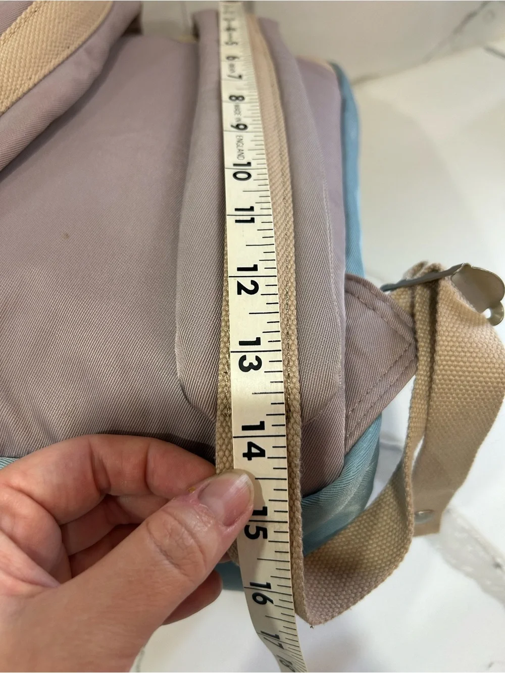 Doughnut Macaroon Blue & Lavender Canvas Backpack with Tan Accents - Women